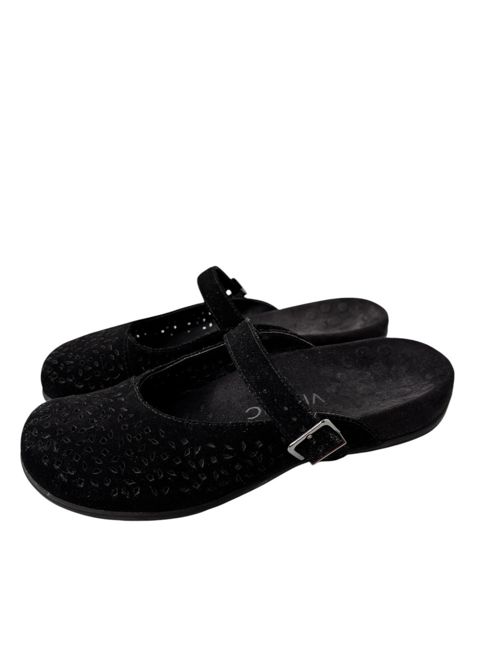 Vionic Lidia Mary Jane Mules Womens Sz 7 Black Suede Slip On Clog Shoe Laser Cut